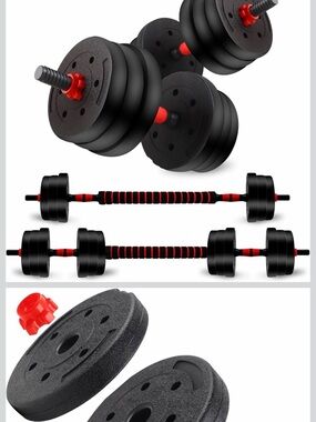 Adjustable Dumbbell and Barbell Set with Red Accents